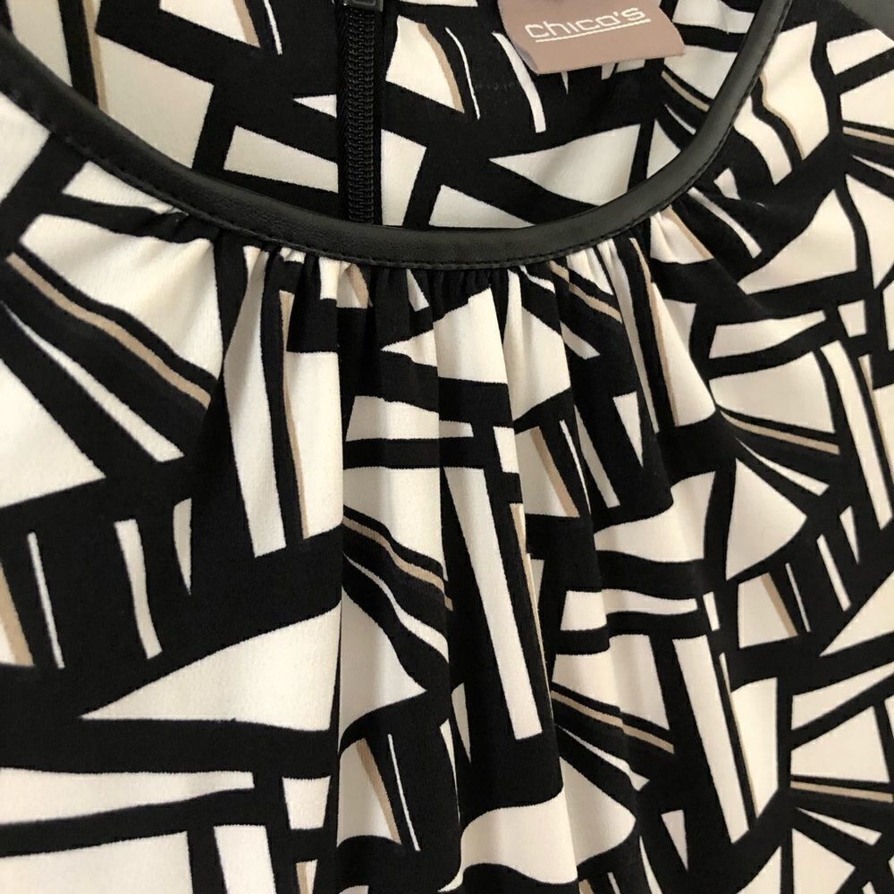 Chico’s Black/White Abstract Pattern‎ Faux Leather Trim Shift Dress Size Small - Picture 5 of 13